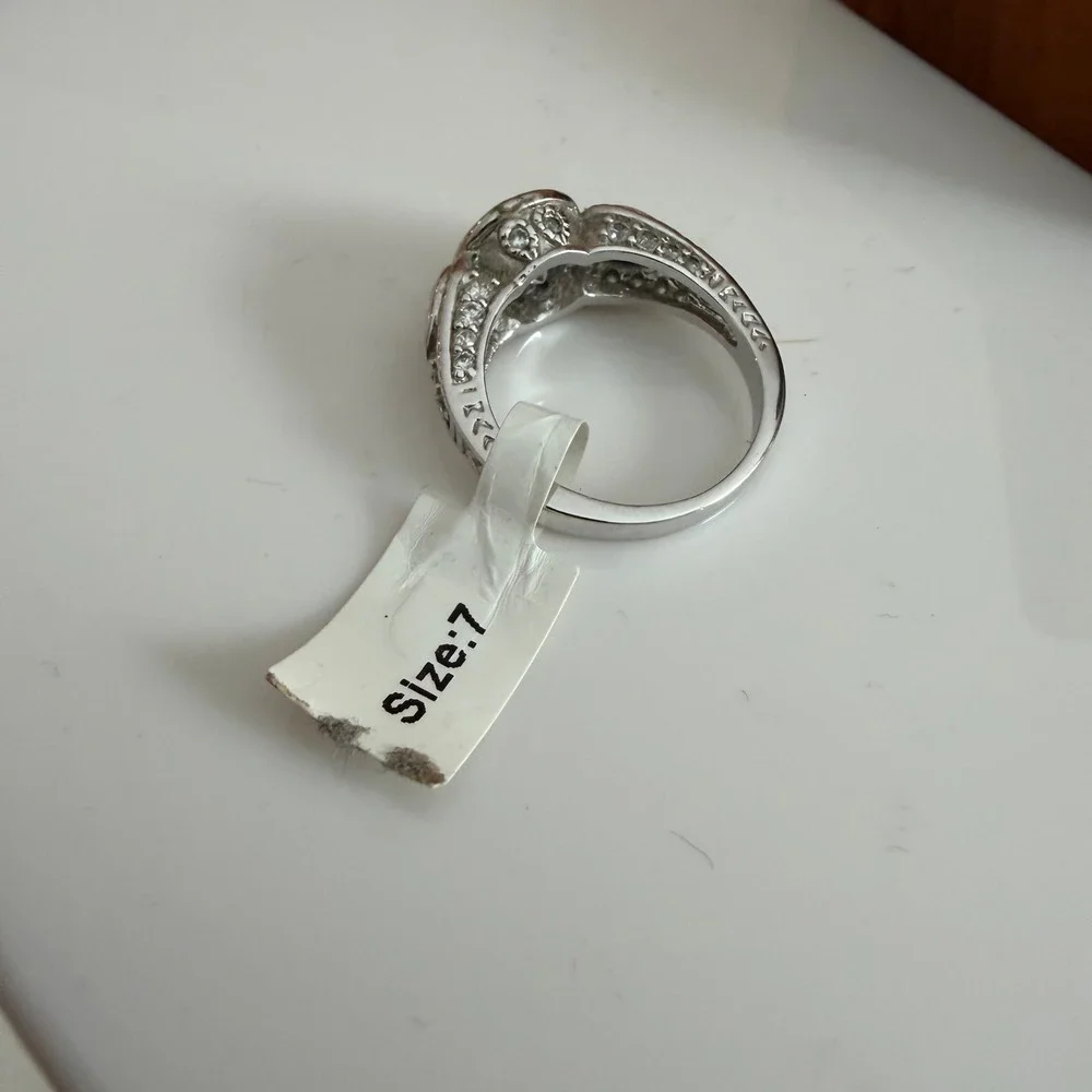 Silver Tone Three Stone Clear‎ Bezel Set Filigree Ring Size 7 PP48